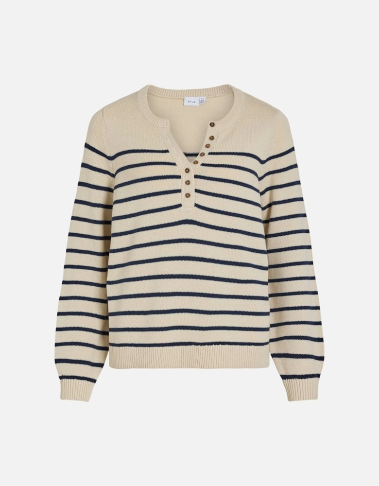 Kylie Long Sleeve Knit Button Top Birch/Navy Blazer Stripes