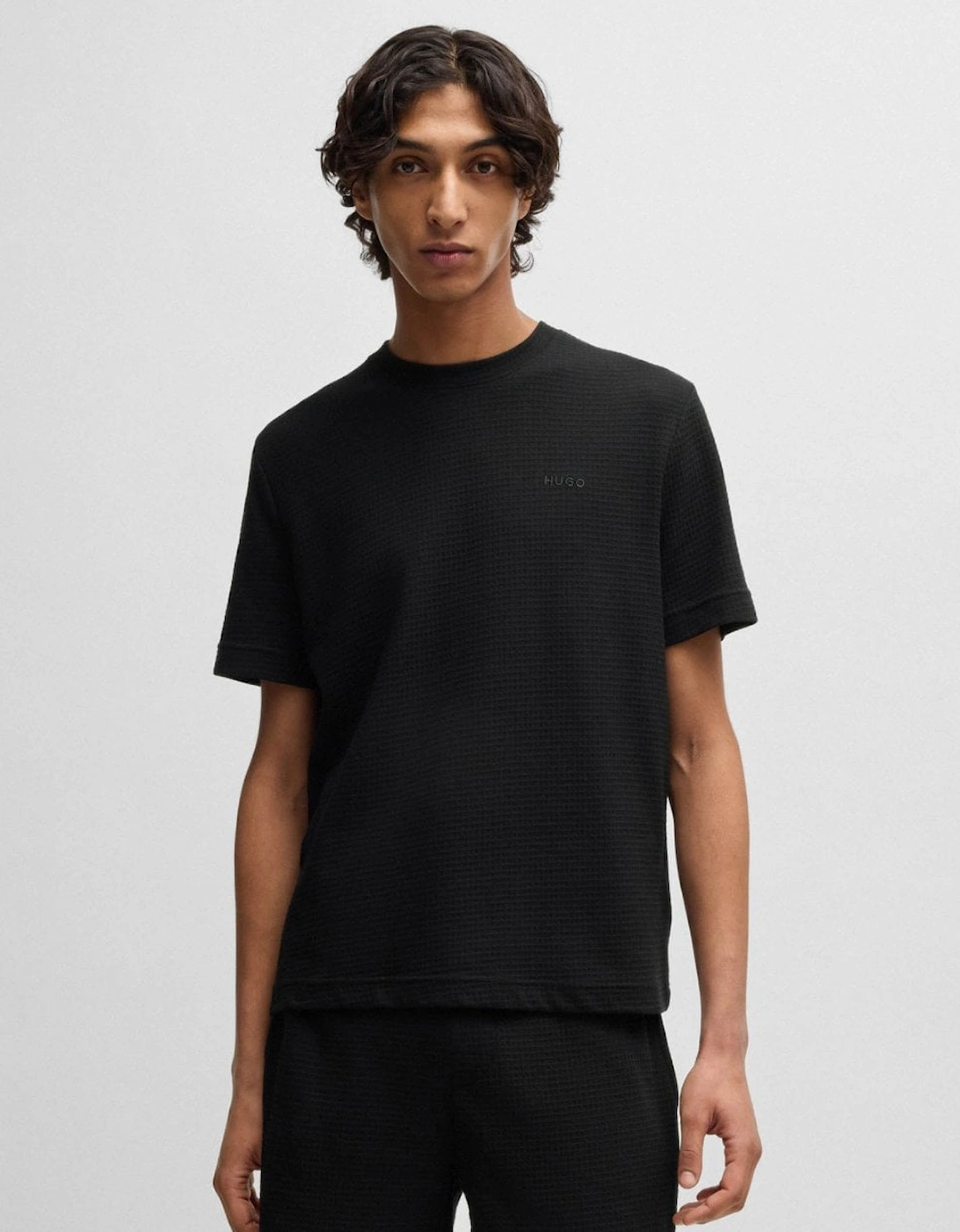 HUGO Austin Mens Waffle-Structured Pyjama T-Shirt with Embroidered Logo, 5 of 4