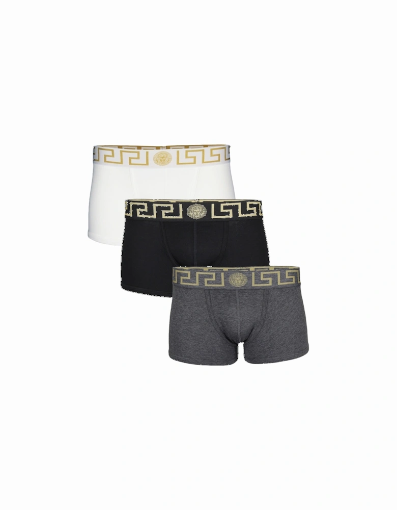 3-Pack Greca Border Low-Rise Boxer Trunks, Black/White/Grey