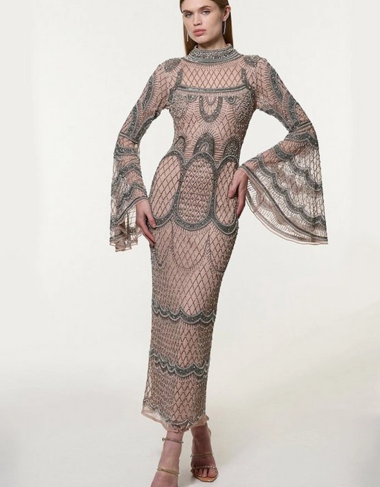 Petite Embellished And Beaded Long Sleeve Woven Maxi Dress