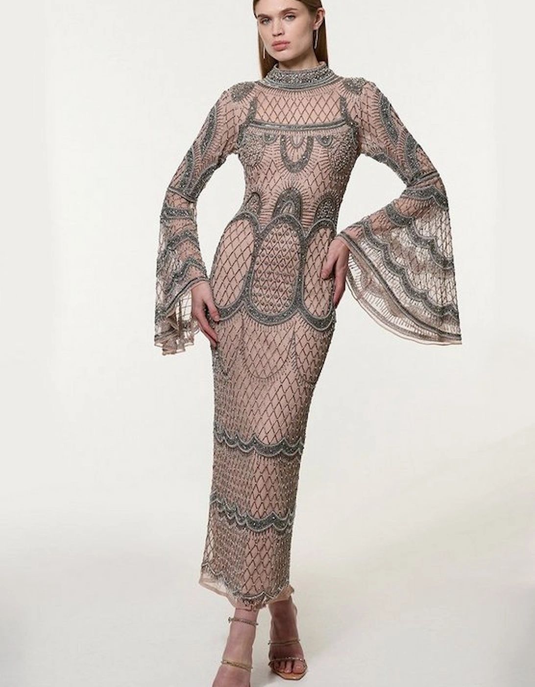 Petite Embellished And Beaded Long Sleeve Woven Maxi Dress