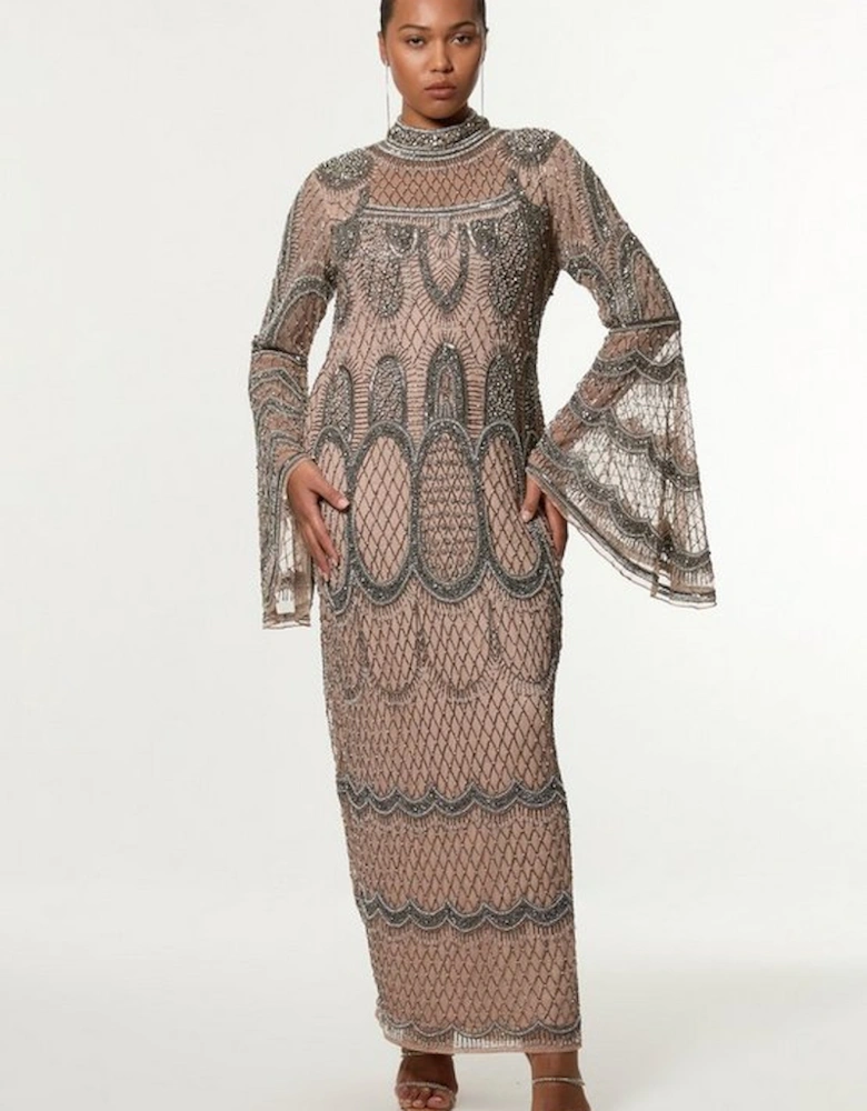 Plus Size Embellished And Beaded Long Sleeve Woven Maxi Dress