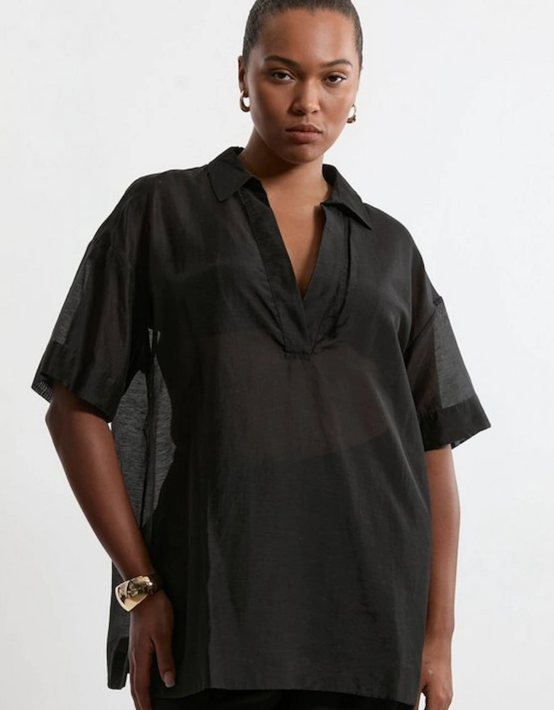 Plus Size Short Sleeve Boxy Slub Woven Shirt