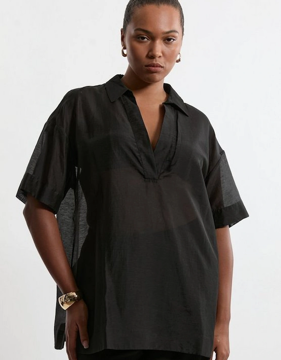 Plus Size Short Sleeve Boxy Slub Woven Shirt, 5 of 4