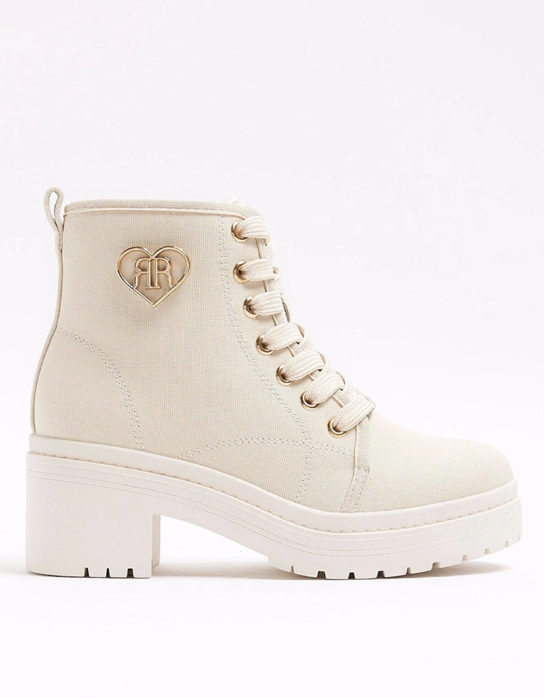 Girls Canvas Heeled Boot - Cream