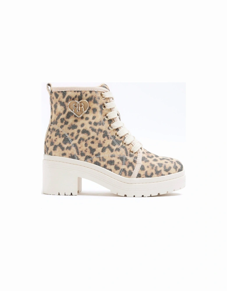 Girls Leopard Canvas Heeled Boot - Beige