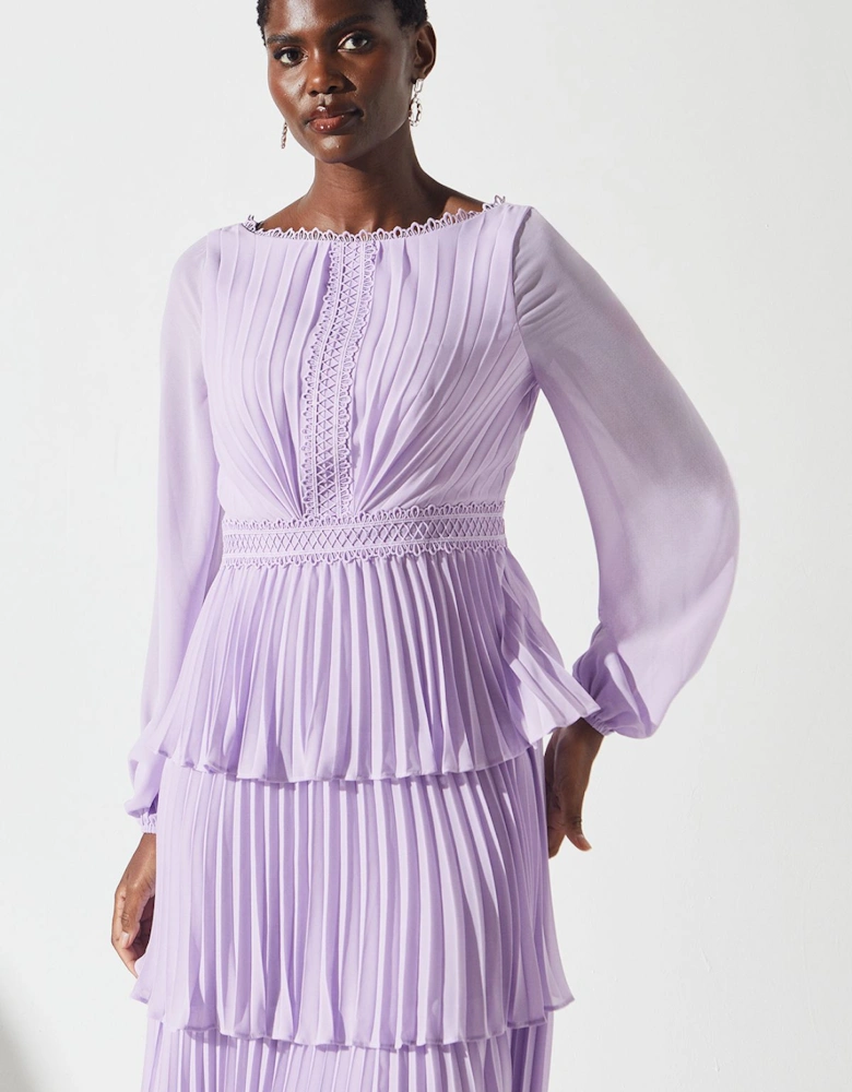 Pleated Lace Trim Tiered Midi Dress