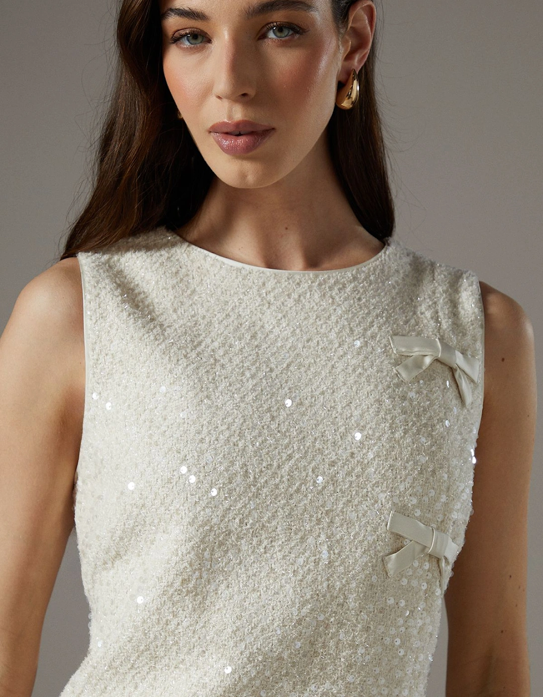 Sequin Boucle Shift Dress With Bows