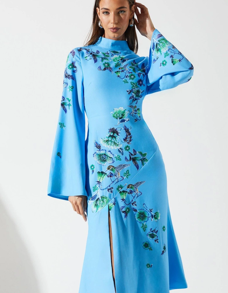 Placement Print Flare Sleeve High Neck Dress