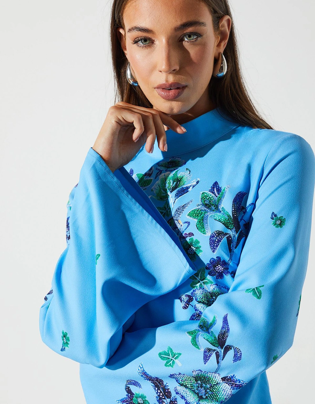Placement Print Flare Sleeve High Neck Dress