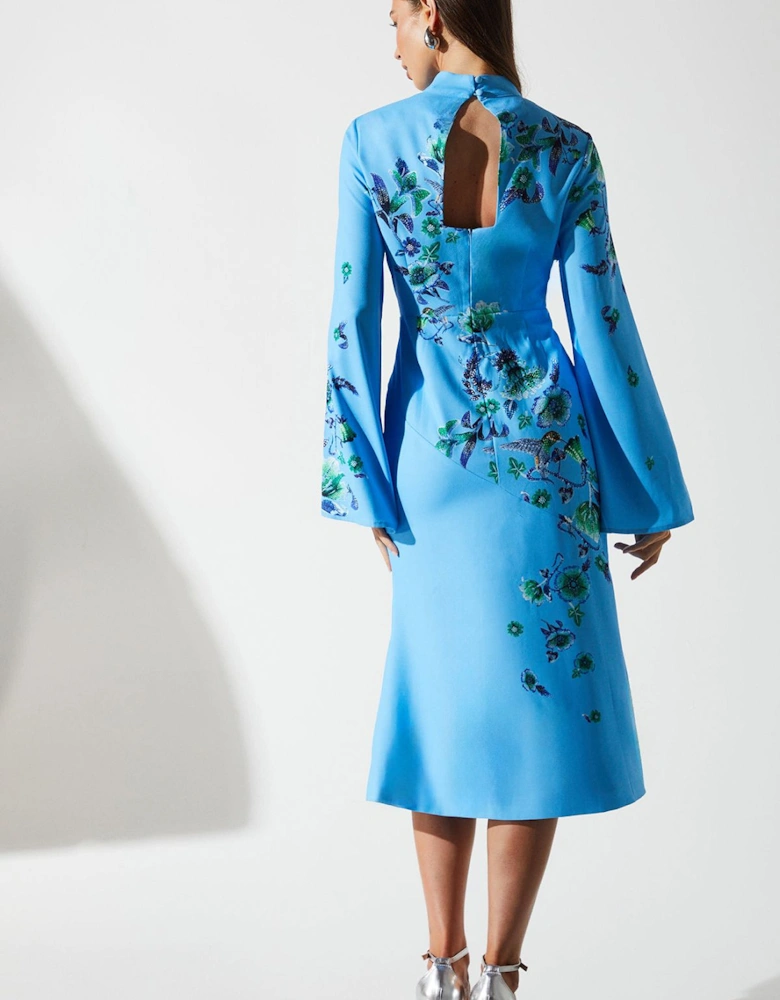 Placement Print Flare Sleeve High Neck Dress