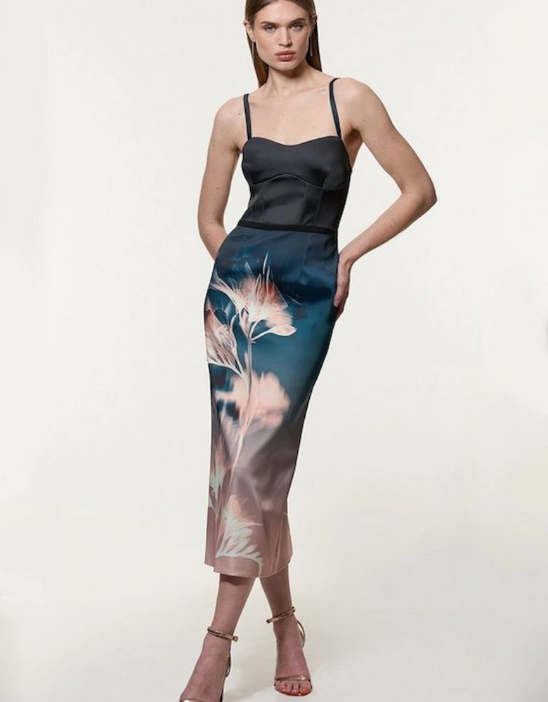 Abstract Ombre Floral Italian Structured Satin Tailored Corset Midi Dress