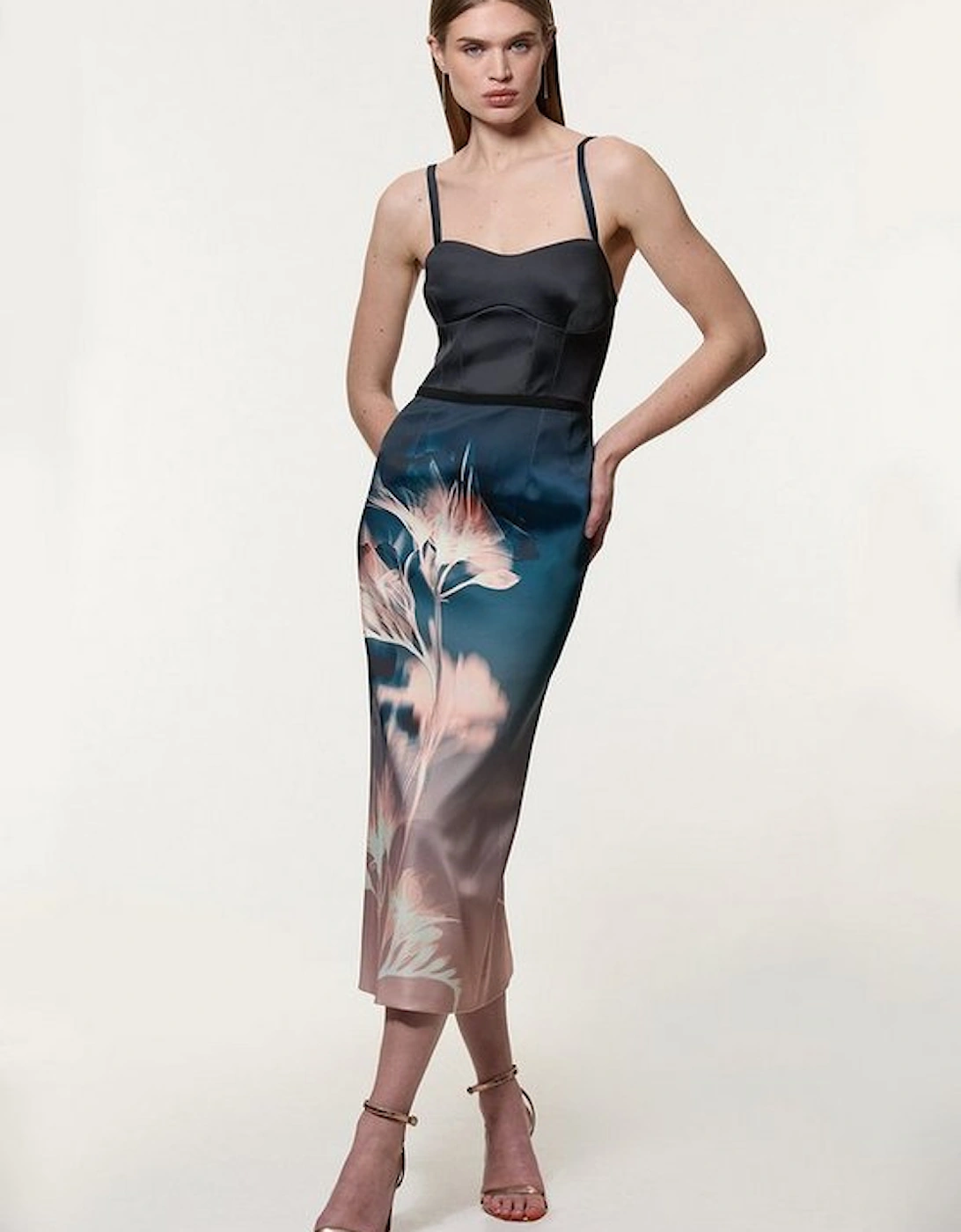 Abstract Ombre Floral Italian Structured Satin Tailored Corset Midi Dress, 5 of 4