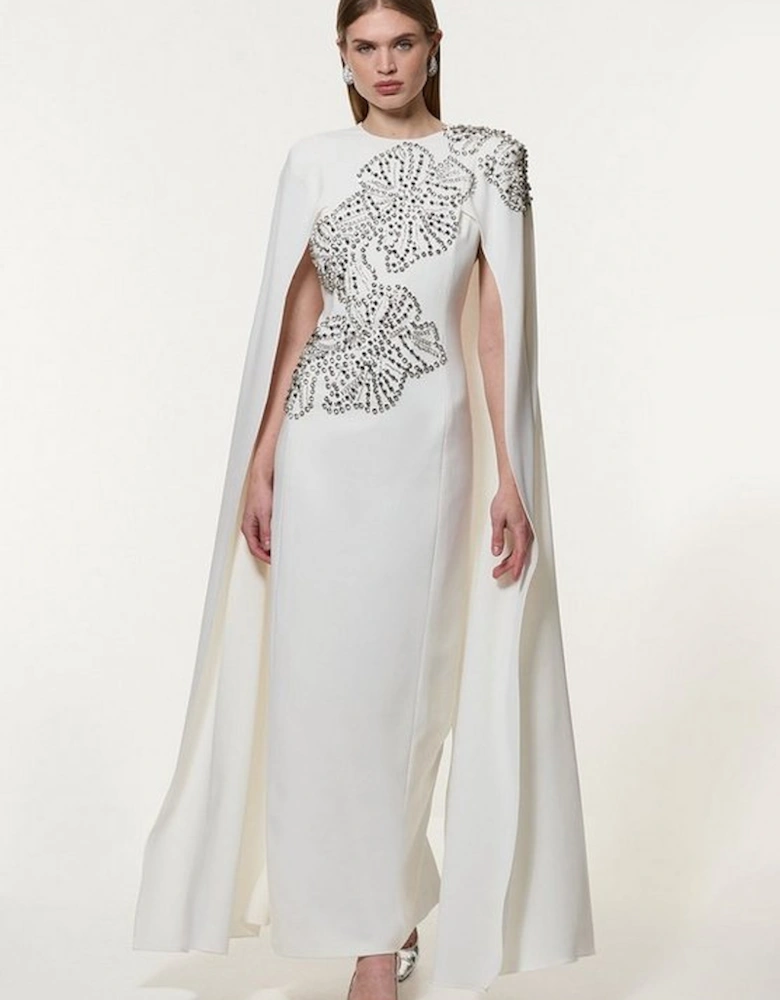 Placed Floral Crystal Embellished Tailored Drama Cape Maxi Dress