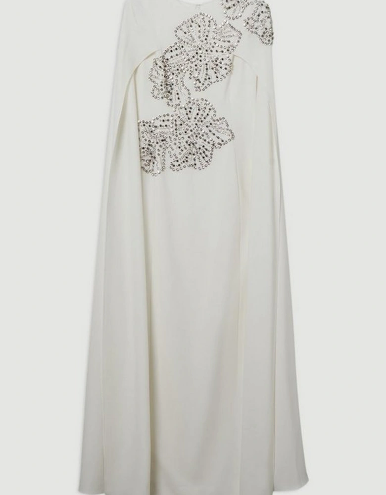 Placed Floral Crystal Embellished Tailored Drama Cape Maxi Dress