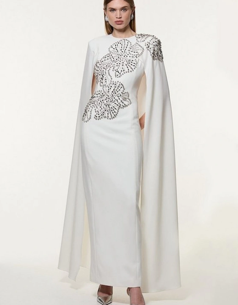 Placed Floral Crystal Embellished Tailored Drama Cape Maxi Dress