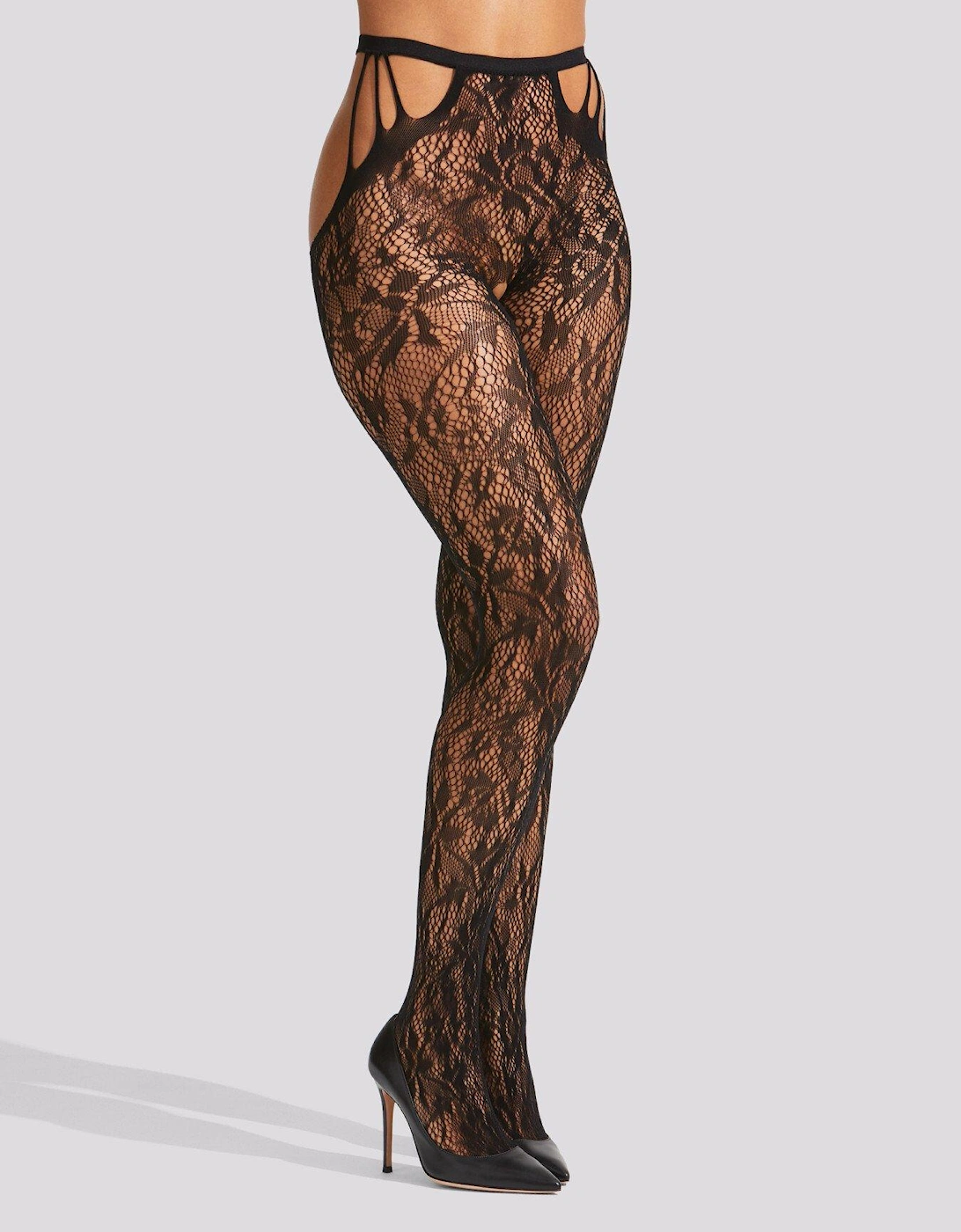 Lace Strappy Crotchless Tights, 2 of 1