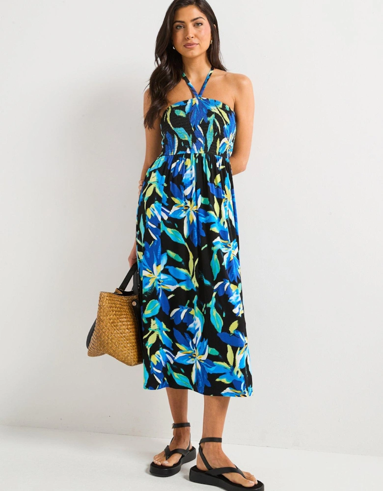 Halter Shirred Bandeau Midaxi Dress - Print