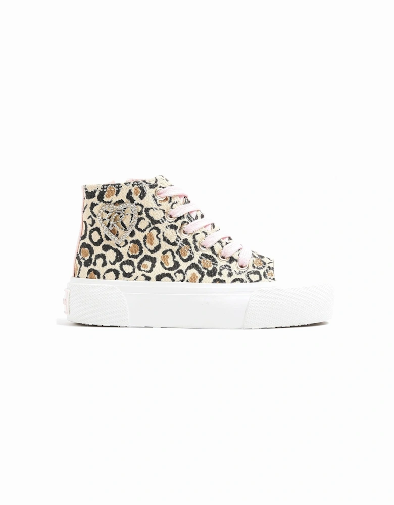 Girls Canvas Leopard Hi Top Trainers - Brown