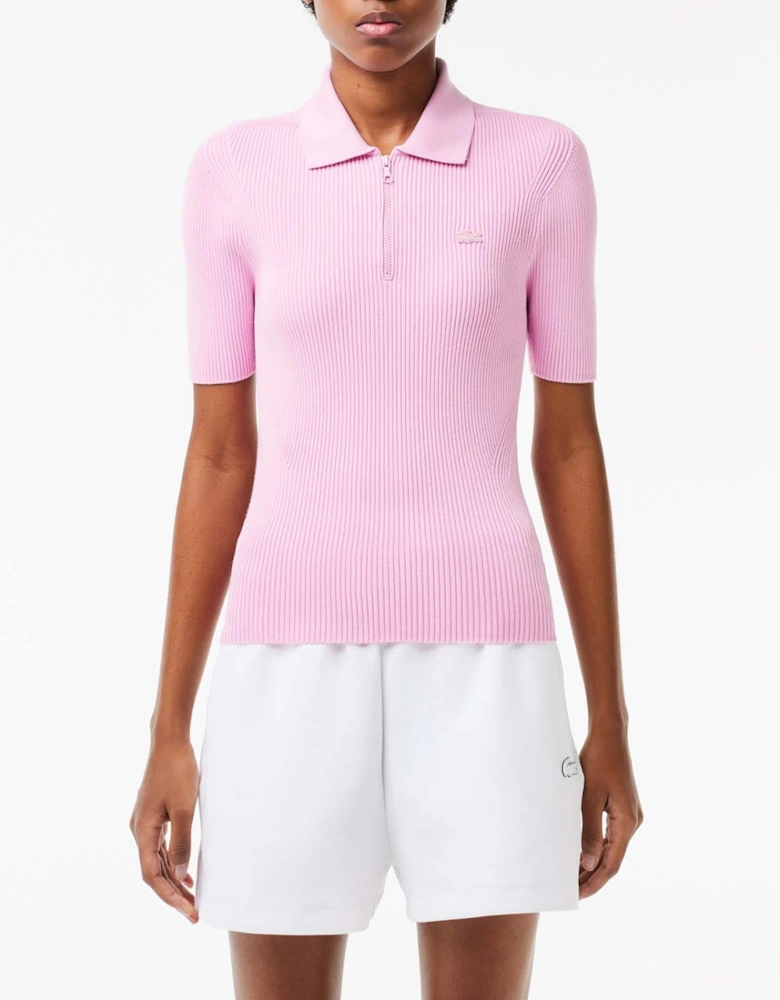 Zip Neck Rib Knit Polo Shirt