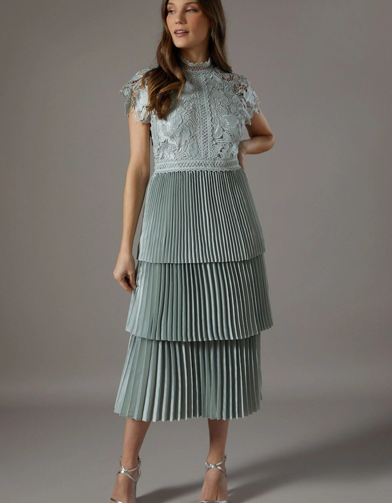 Satin Lace Pleated Tiered Dress