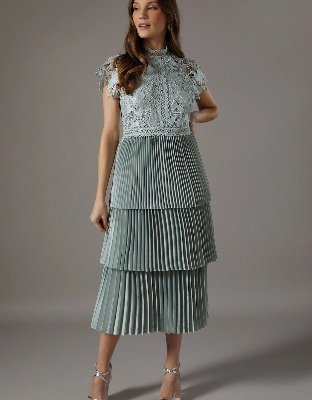 Satin Lace Pleated Tiered Dress, 6 of 5