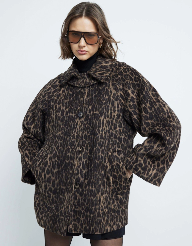 Leopard Funnel Neck Coat - Dark Brown