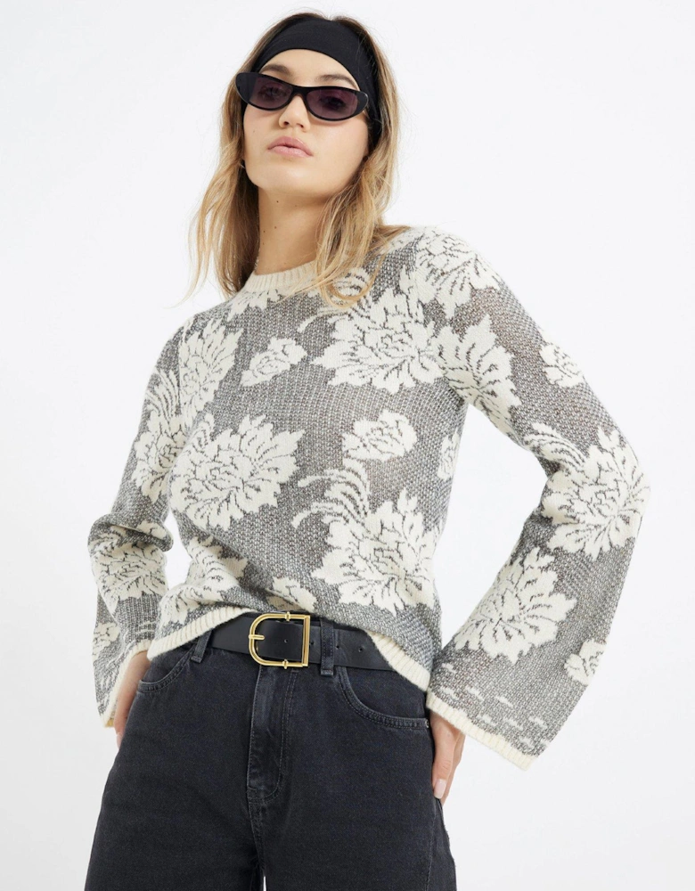 Knitted Large Floral Crew Neck Jumper - Black