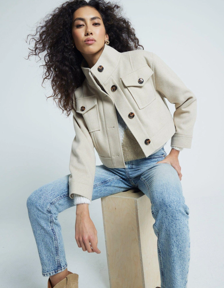 Funnel Neck Crop Jacket - Beige