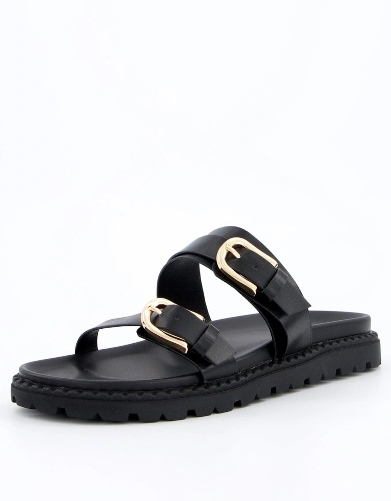 Wide Fit Double Buckle Footbed Sandal - Black