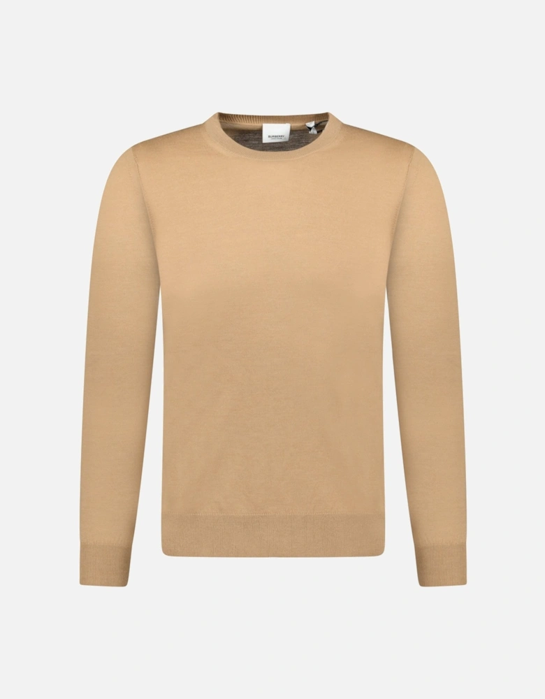 'Bempton' Embroidery Check Elbow Wool Jumper Camel