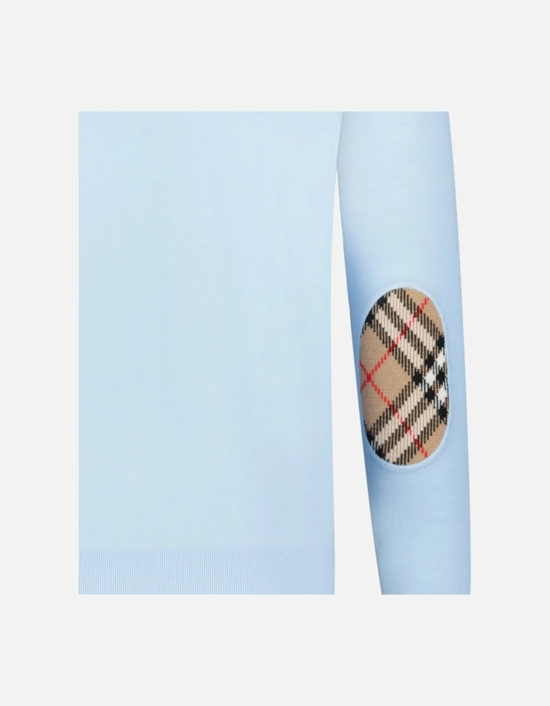 'Bempton' Embroidery Check Elbow Wool Jumper Pale Blue