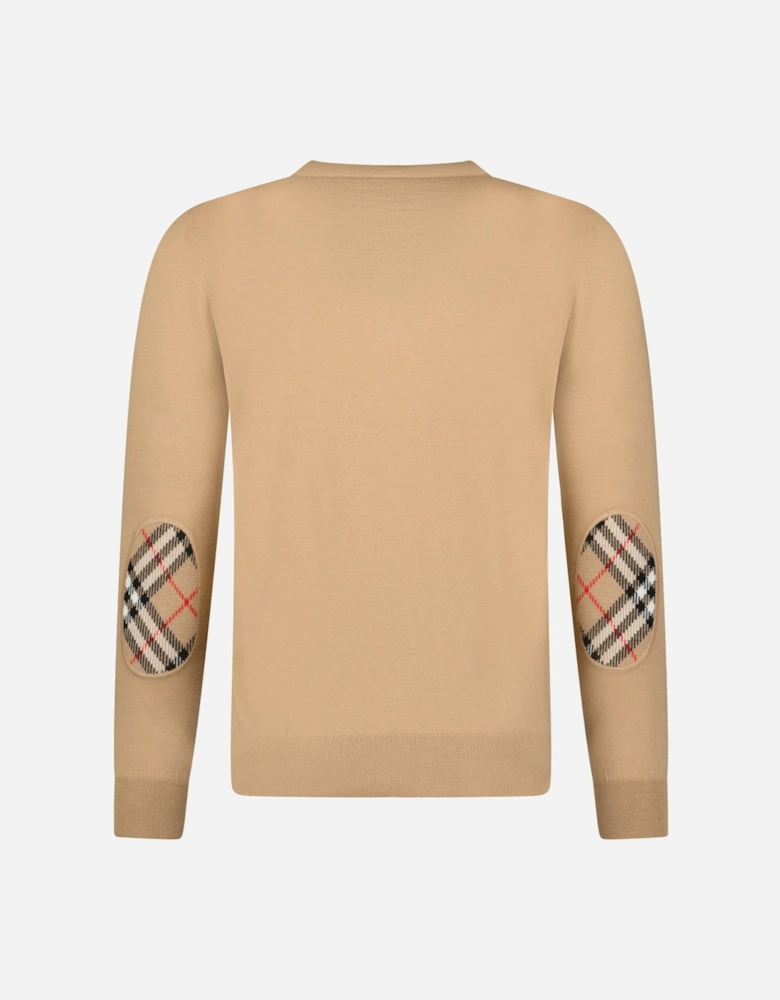 'Bempton' Embroidery Check Elbow Wool Jumper Camel