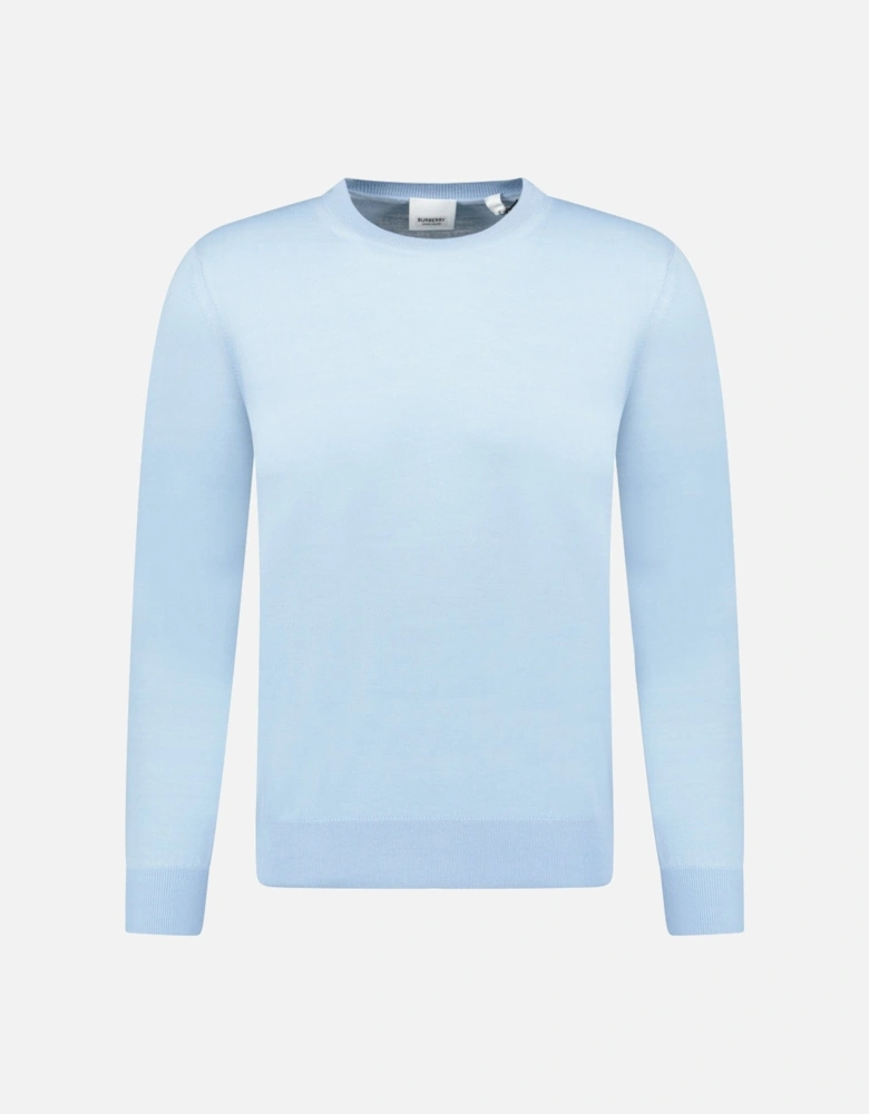 'Bempton' Embroidery Check Elbow Wool Jumper Pale Blue