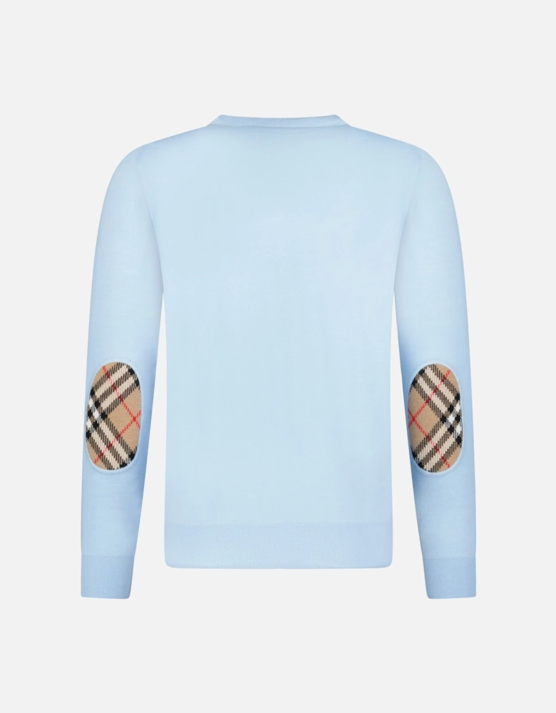 'Bempton' Embroidery Check Elbow Wool Jumper Pale Blue