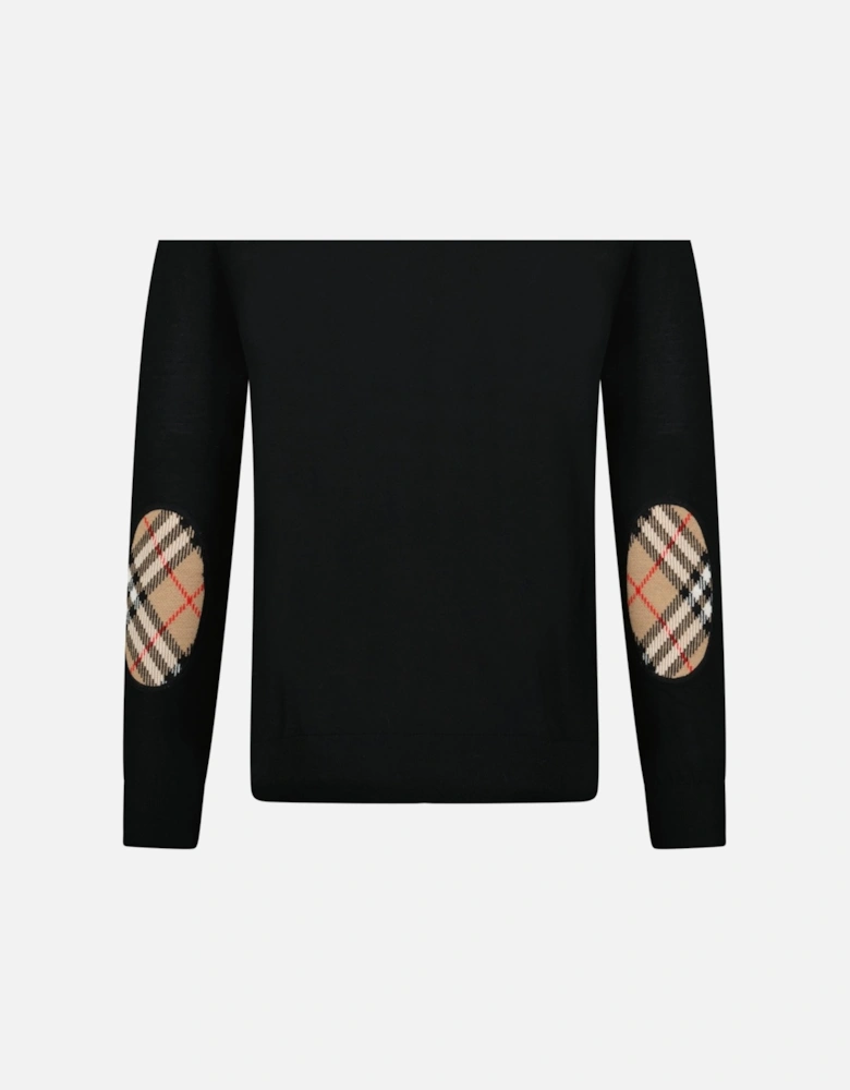 'Bempton' Embroidery Check Elbow Wool Jumper Black