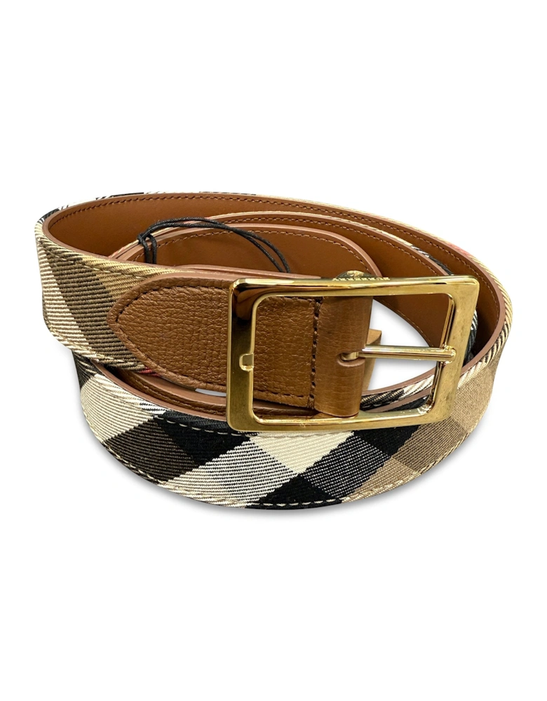 Leather/ Canvas Reversible House Check Belt Tan Brown