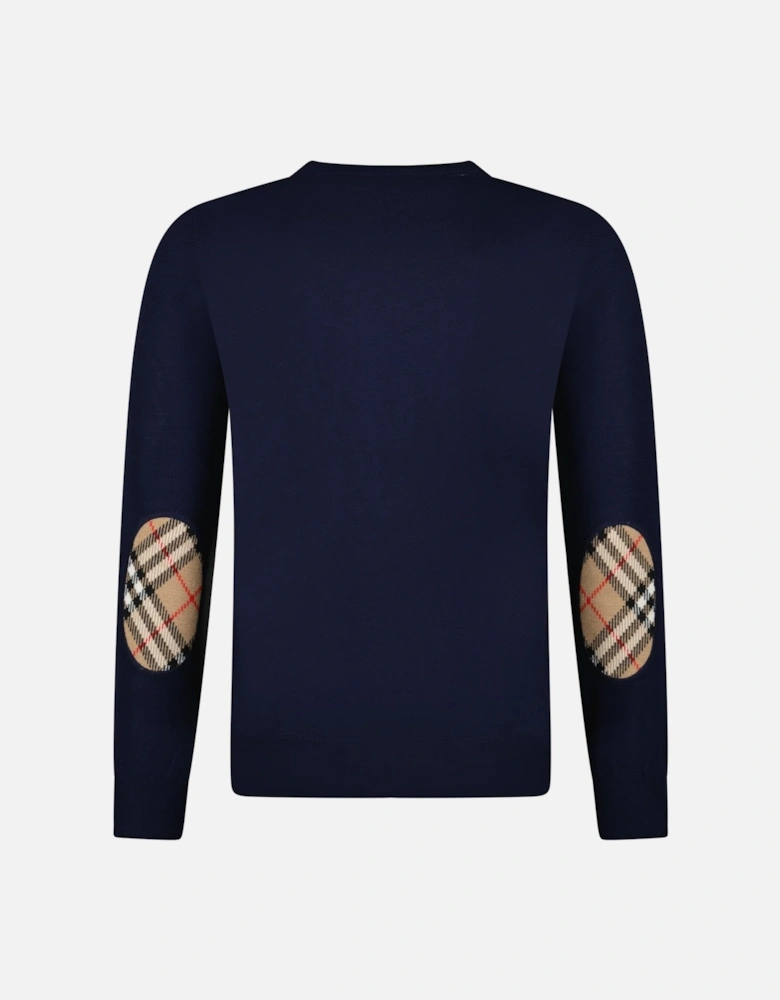 'Bempton' Embroidery Check Elbow Wool Jumper Navy