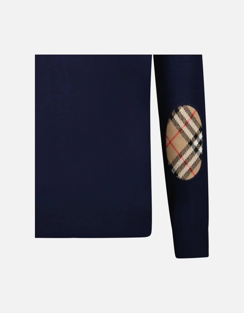 'Bempton' Embroidery Check Elbow Wool Jumper Navy