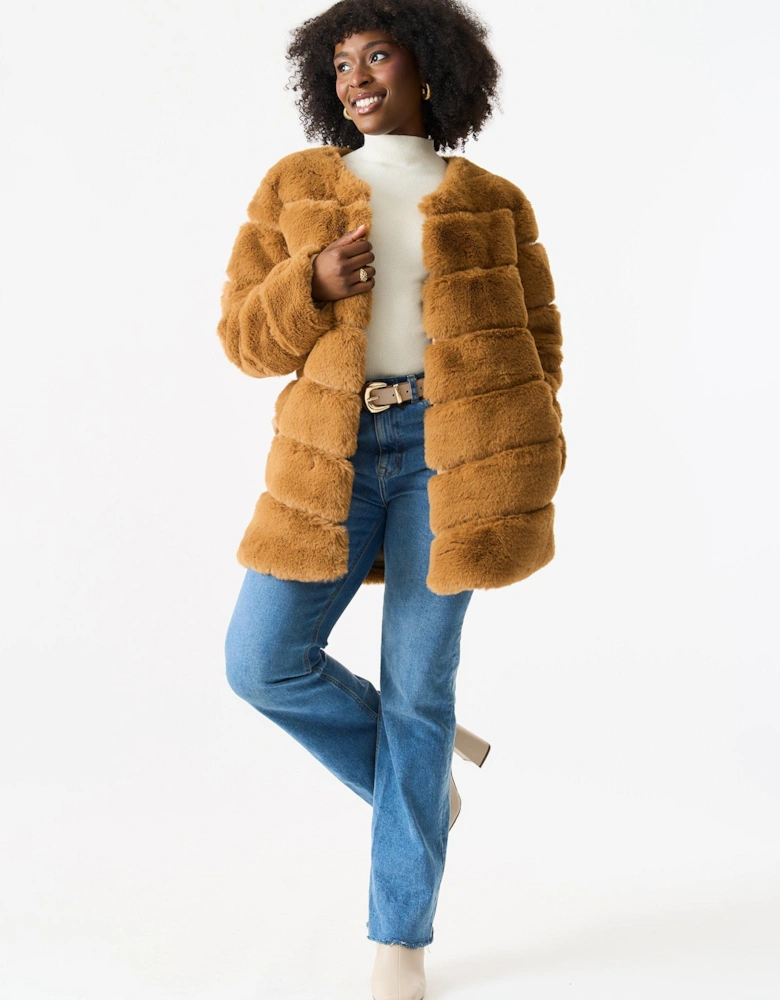 Camel Diagonal Cut Faux Fur Long Sleeve Jacket