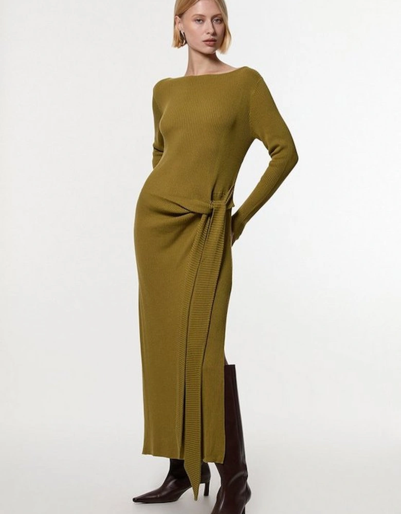 Wool Tencel Ribbed Knit Tie Detail Maxi Dress