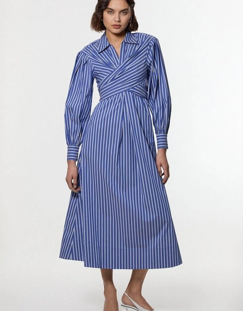 Stripe Cotton Poplin Drama Sleeve Woven Wrap Detail Shirt Dress