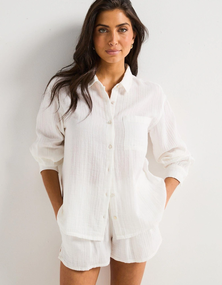 Crinkle Long Sleeve Beach Shirt - White