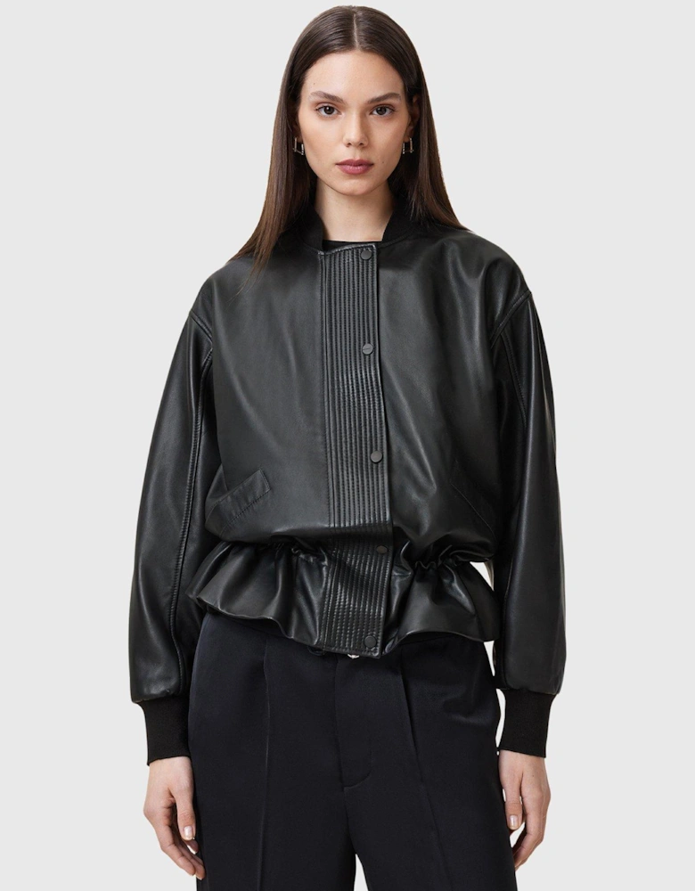 Sofi Drawstring Leather Bomber Jacket - Black