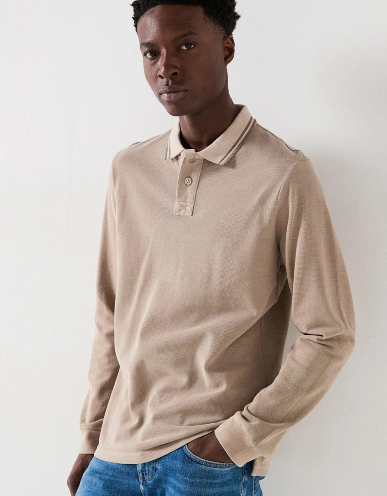Garment Dyed Longsleeve Pique Polo - Stone