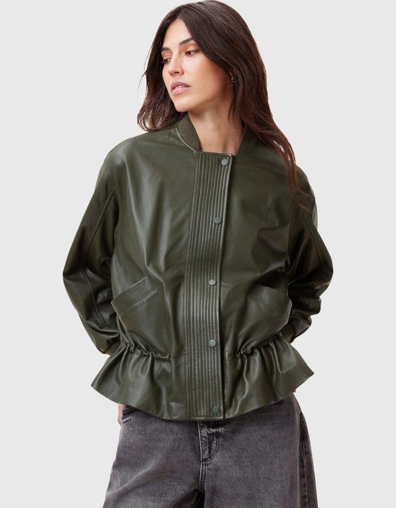 Sofi Drawstring Leather Bomber Jacket - Green