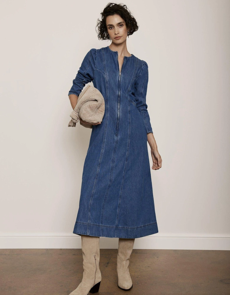 Puff Sleeve Denim Midi Dress