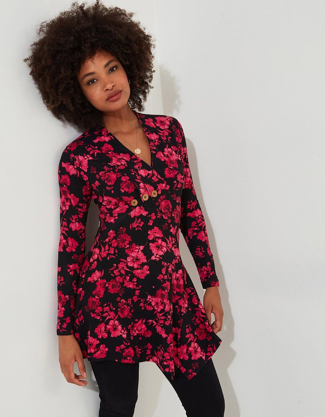 Button Detail Printed Jersey Tunic Top -pink