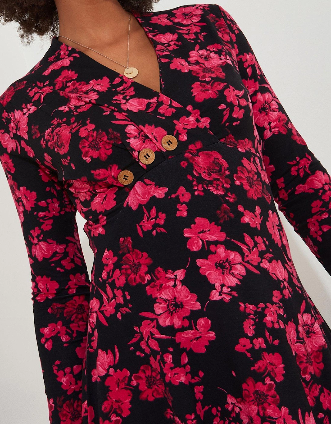 Button Detail Printed Jersey Tunic Top -pink