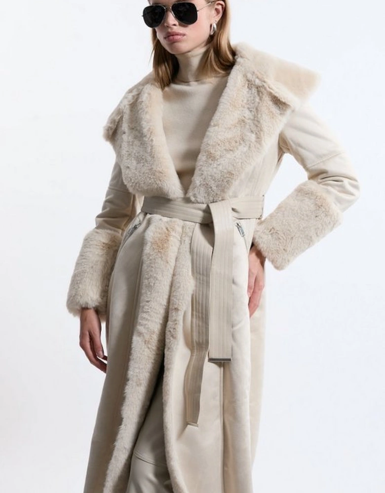 Petite  Faux Shearling Collar & Cuff Belted Long Coat